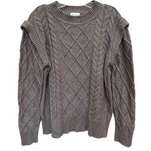 RAYA Grey Cable Knit Sweater, Ruffle & Braided Detail, Cozy Round Neck, Size Med
